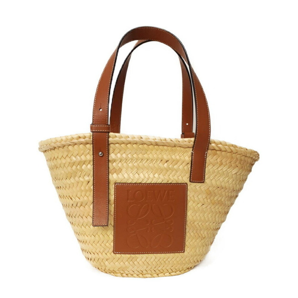 Loewe Paula Ibiza Basket Bag woven palm leaf calfskin leather anagram Tan